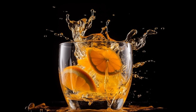 Refreshing citrus cocktail with splashing ice and bubbles generated by AI