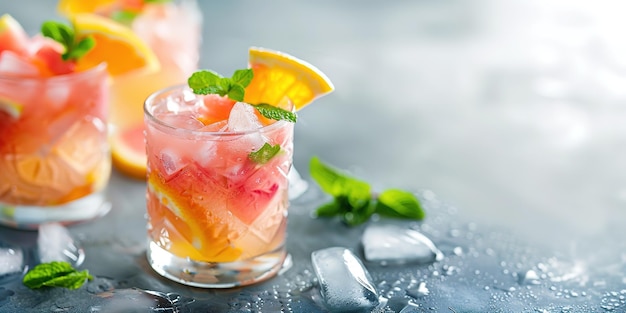 Refreshing citrus cocktails with ice garnished with fresh mint