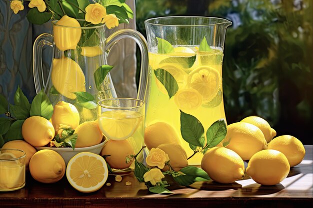 Photo refreshing citrus delight lemons and lemonade in fresh glasses