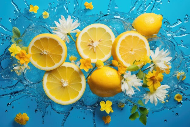 Refreshing citrus drizzle a vibrant summer composition embracing lemon and yellow flower petals against a lively blue canvas