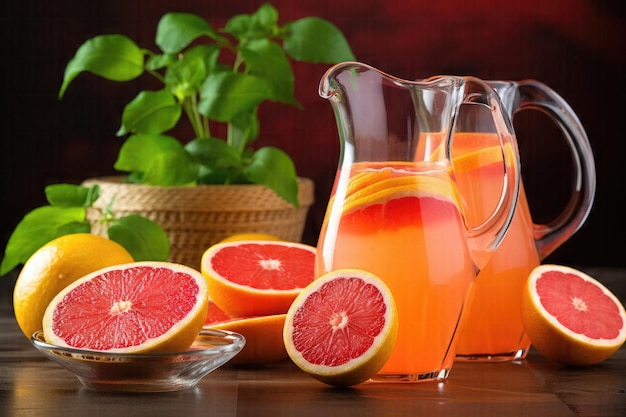 Освежающие цитрусовые стеклянные кувшины, наполненные грейпфрутовым соком и оранжевыми кусочками