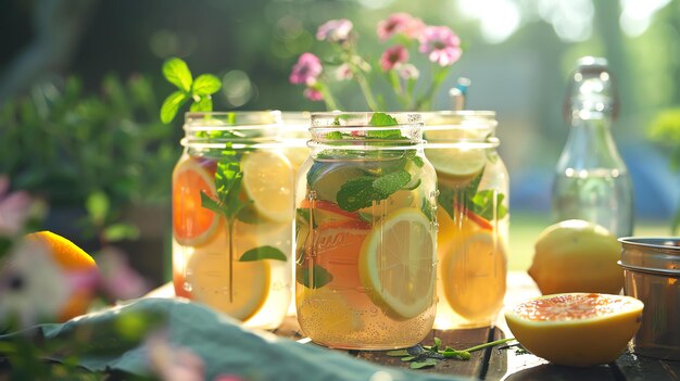 写真 レモンライムオレンジグレープフルーツを混ぜたリフレッシュな柑橘類水暑い夏の日にあなたのきを消すのに最適です