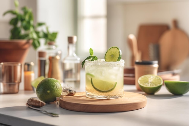 Refreshing classic Margarita cocktail with lime and mint on white table in white kitchen Closeup photo with space for text