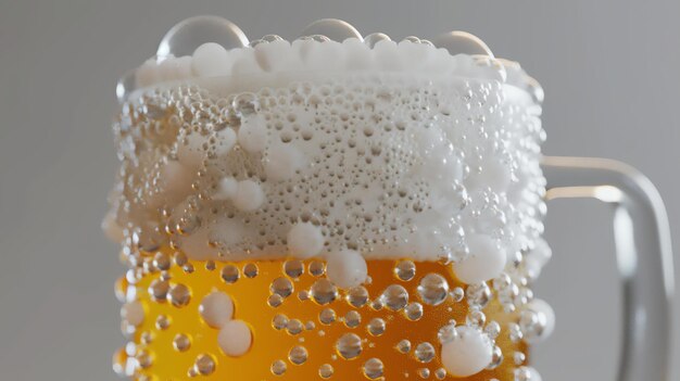 Photo refreshing closeup of a frosty beer mug with a foamy head perfect for illustrating your next article about beer brewing or happy hour