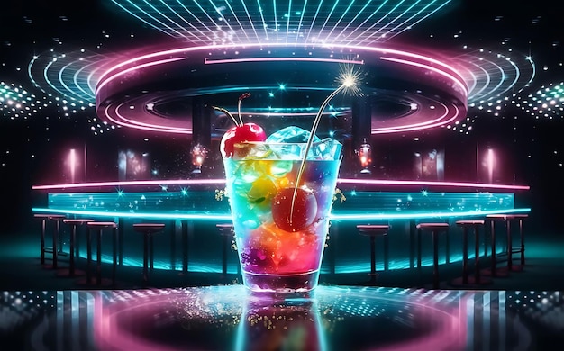 освежающий коктейль в освещенном баре ночью