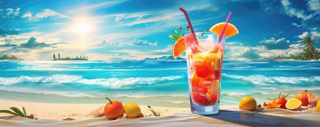 Photo refreshing cocktail on a sandy beach with a slice of orange a scenic tropical backdrop enhances the