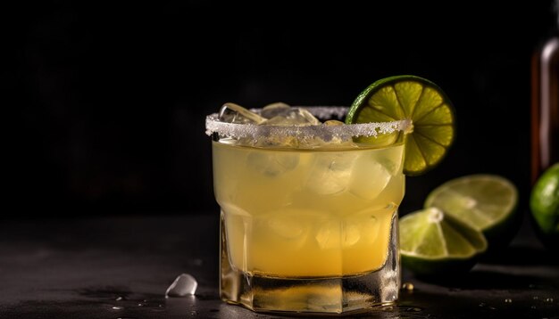 A refreshing cocktail with lime fruit and whiskey on ice generated by AI