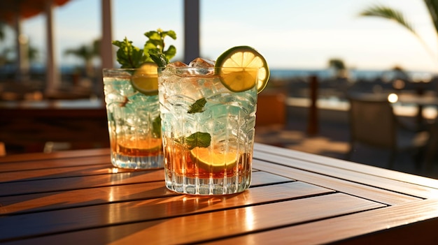 Refreshing cocktail on wooden table at outdoor bar during summer