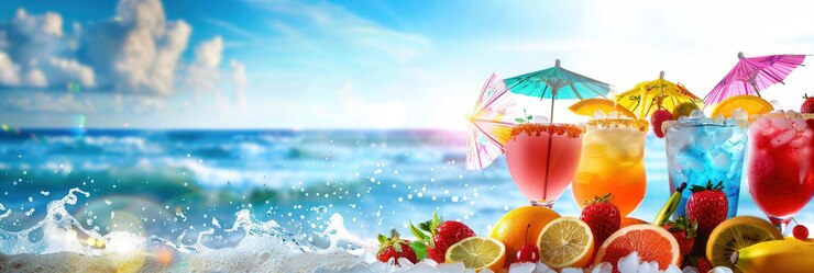 Refreshing cocktails with fruit garnishes and umbrellas sit on a beach with ocean waves in the background Generative AI