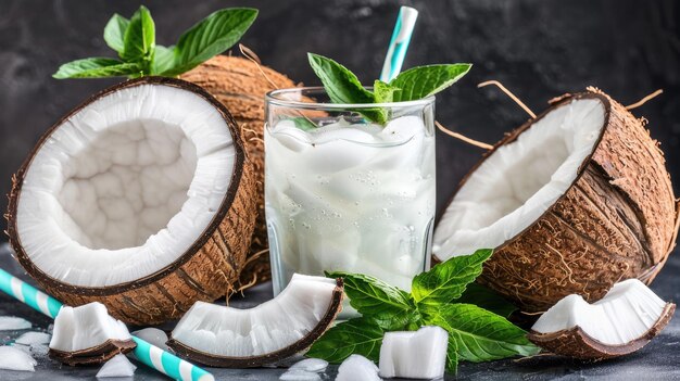 Photo refreshing coconut cocktail with mint garnish