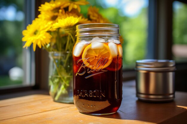 Refreshing Cold Brew Coffee in Mason Jar with Ice and Lemon Twist