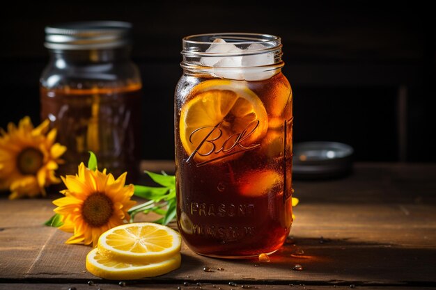 Refreshing Cold Brew Coffee in Mason Jar with Ice and Lemon Twist