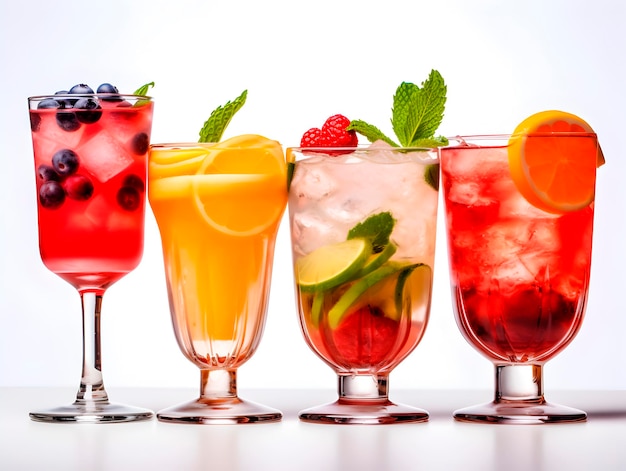 Refreshing colorful cocktails decorated with fruits and berries