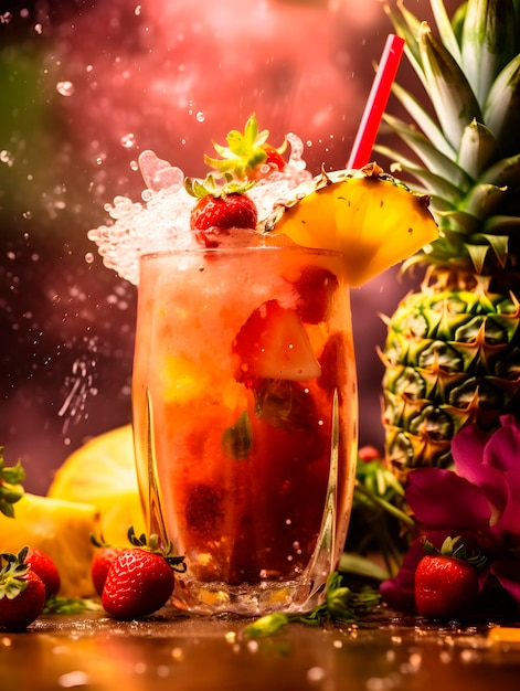 Refreshing colorful cocktails decorated with fruits and berries