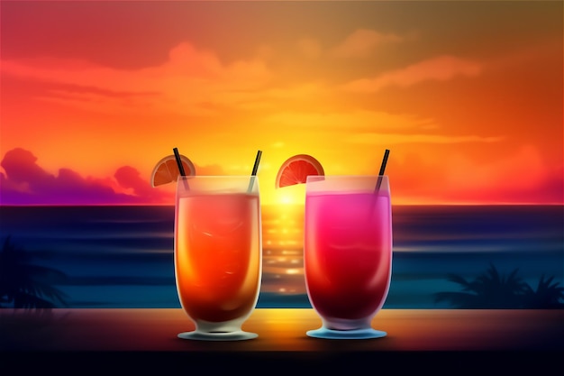 Refreshing and colorful exotic summer drinks cocktails sandy beach background vibrant color