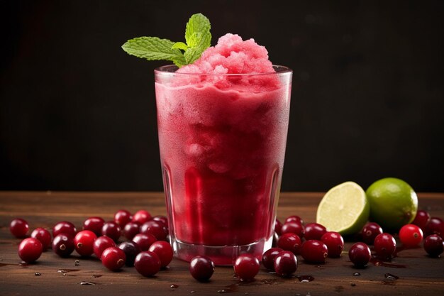 A refreshing cranberry juice slushie with a sprig of mint