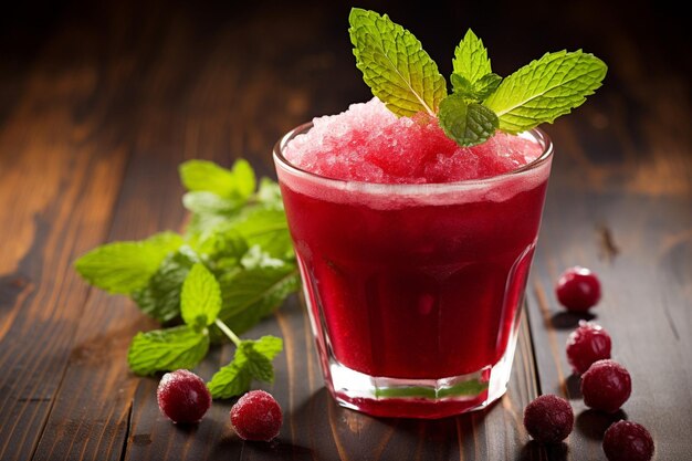 A refreshing cranberry juice slushie with a sprig of mint