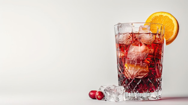 Refreshing cranberry orange cocktail with ice in glass on white