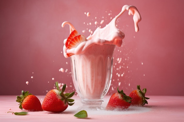 Освежающий сливочный клубничный молочный коктейль со свежими ягодами