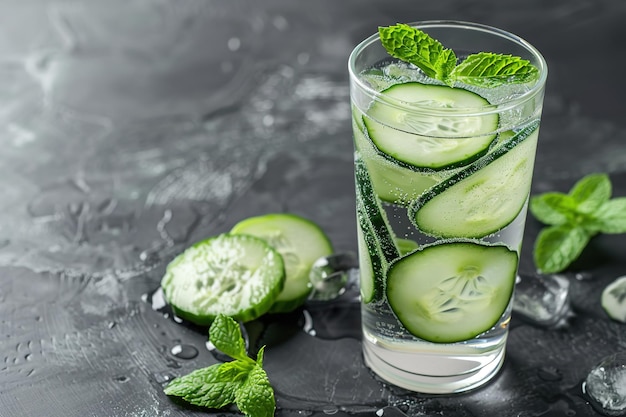 Refreshing cucumber mocktail with mint on a dark surface