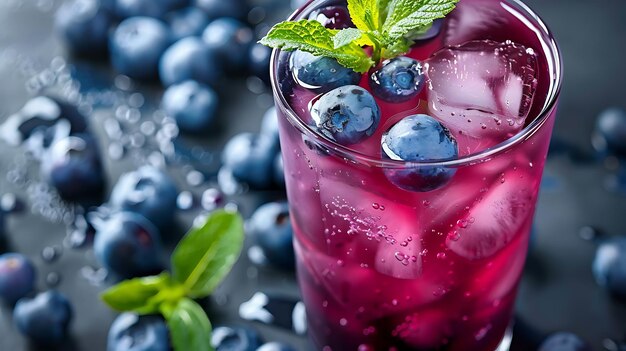 Refreshing and delicious blueberry cocktail with ice and mint on a dark background