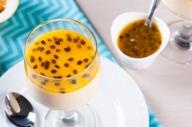 Refreshing dessert with fresh passion fruit topping