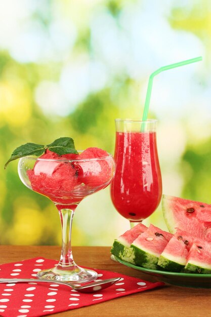 Refreshing desserts of watermelon on green background closeup