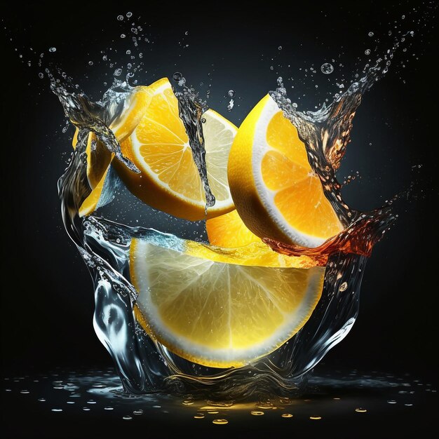 Refreshing detox drink with lemons Lemon slices and splashes of water Generative AI