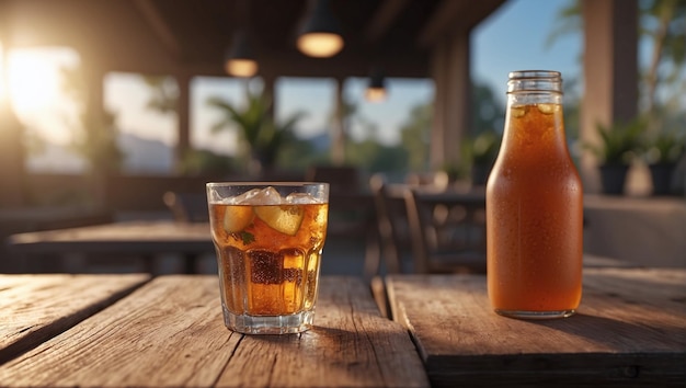 カフェの木製のテーブルでボトルと氷のグラスでリフレッシュ飲み物を飲む