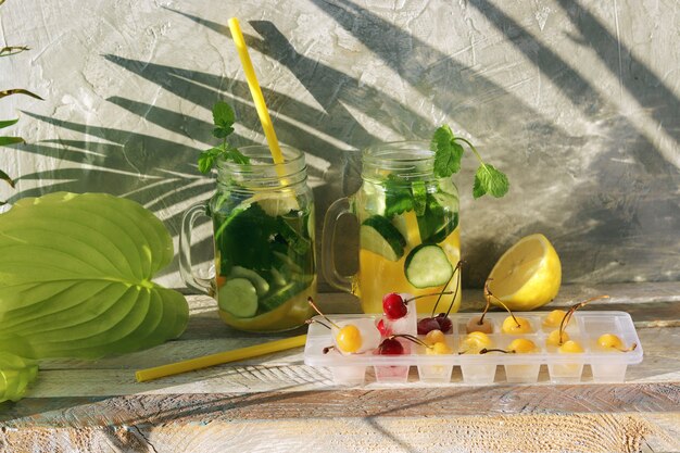 Refreshing drink made from organic fruits, cucumbers and mint leaves, ice