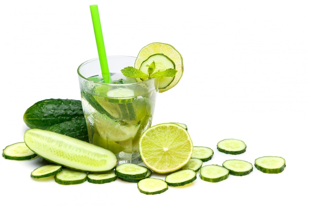 Refreshing drink with cucumber, lime and mint