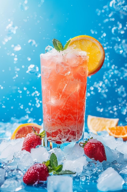 Refreshing Drink With Ice and Strawberries on Blue Background