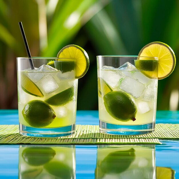 refreshing drink with lemon and ice on wood with green background