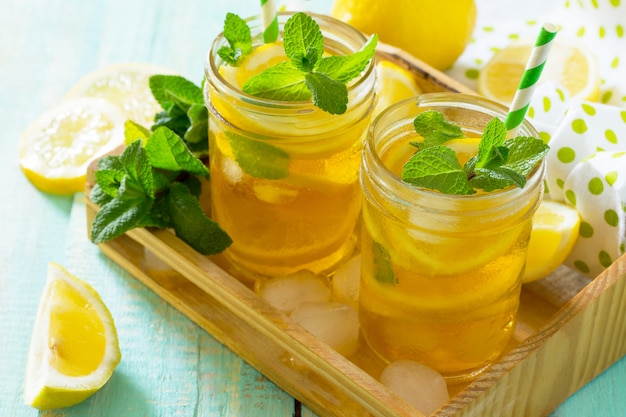 Refreshing drink with lemon and mint