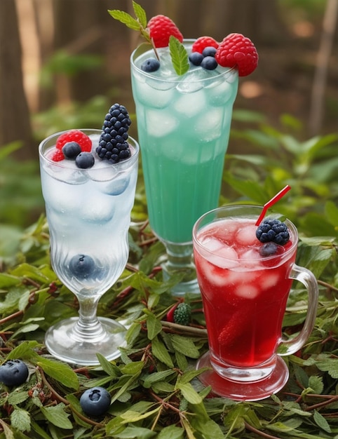 Refreshing drinks of red and blue color with ice and berries on a forest background Generated AI