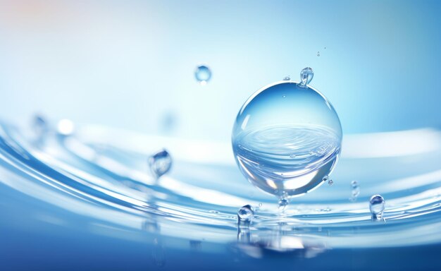 Foto una goccia rinfrescante di chiarezza goccia d'acqua trasparente su uno sfondo blu