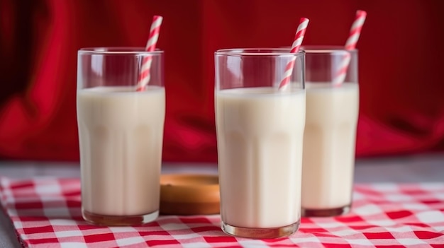 Foto duo rinfrescante due bicchieri di latte con una cannuccia rossa e bianca, una delizia dissetante per gli amanti del latte