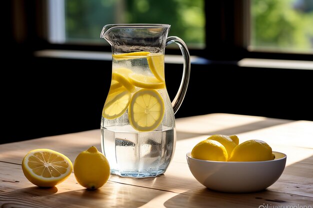 Photo refreshing elixir pitcher of water with lemon slices