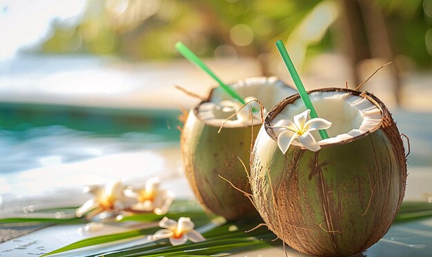 爽やかなエキゾチックな飲み物 ココナッツ 夏の時間 海の休暇のコンセプト