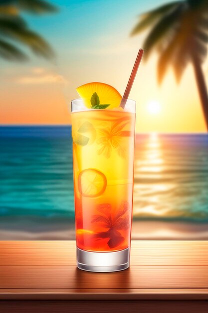 Освежительный экзотический фруктовый тропический коктейль на пляжном курорте при заходе солнца Illustrustartion HD Фотореалистичный