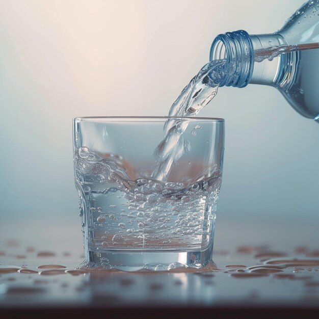 Освежающий поток Бутылка воды, налитая в стакан, захватывающая момент для социальных сетей