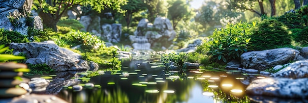 Photo refreshing forest scene with a clear water stream embracing the peaceful and invigorating spirit of nature