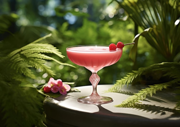 A refreshing French Martini cocktail captured in a garden setting surrounded by lush greenery