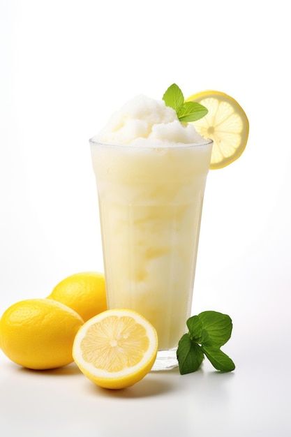 Refreshing Frozen Lemonade Smoothie with Blended Citrus Fruit on a White Background Perfect Summer