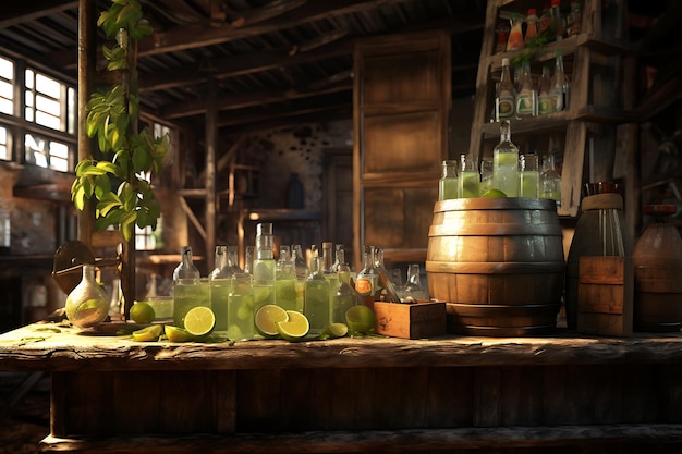 Refreshing Fruit Infusions in a Serene Distillery Scene