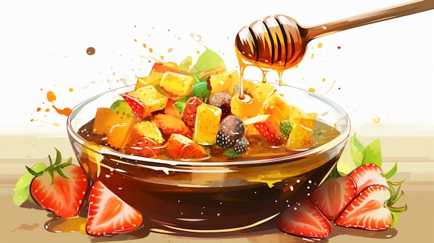 Refreshing fruit salad with honey pouring healthy