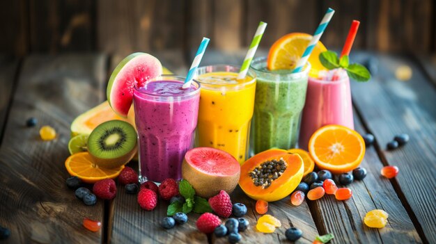 Photo refreshing fruit smoothies in vibrant colors on a wooden table healthy refreshment