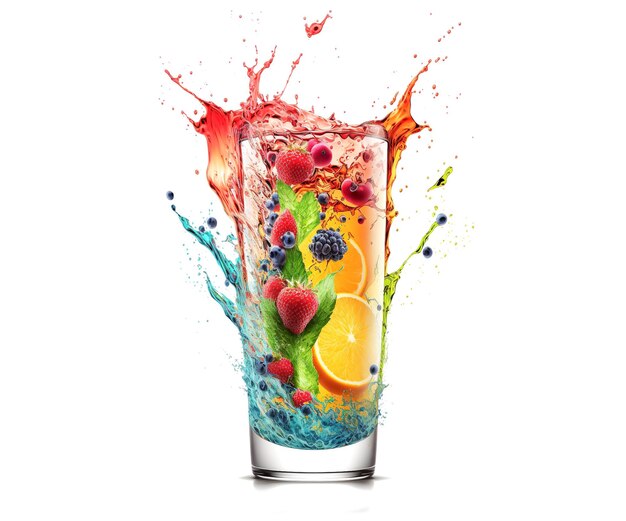 Refreshing fruity drink with colorful splash isolated on white generative ai