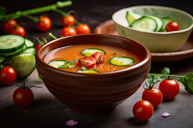 오이와 체리 토마토로 장식된 차가운 그릇에 제공되는 상쾌한 가스파초