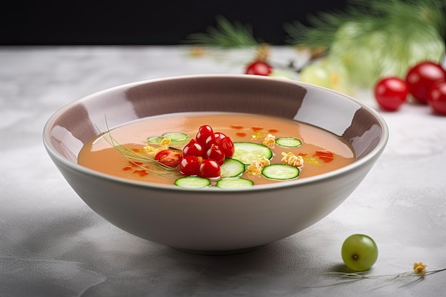Refreshing gazpacho served in a chilled bowl garnished with cucumber and cherry tomatoes